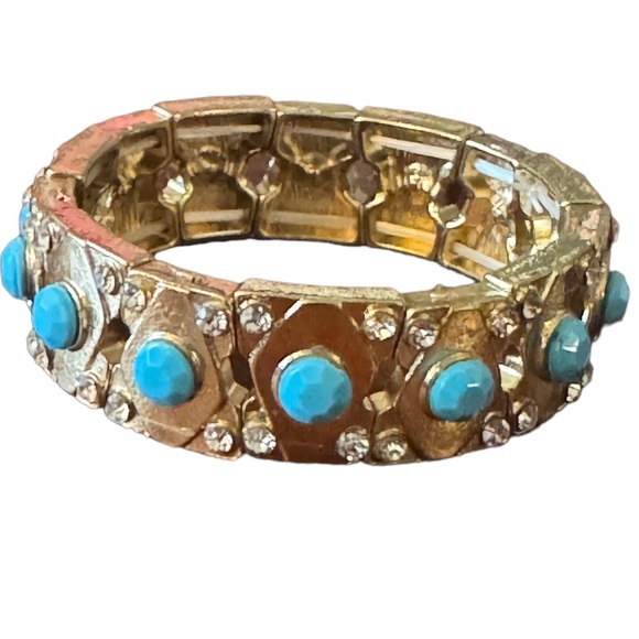 Turquoise Color Cabochon Beads, rhinestone crystal Gold color stretch bracelet - Picture 5 of 9